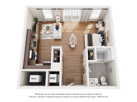 Floor plan for studio, 1 bath, 598 sqft